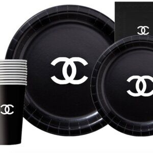 Custom Fashion Party Paper Plates, Napkins and Cups Set, Black with White, 60pcs